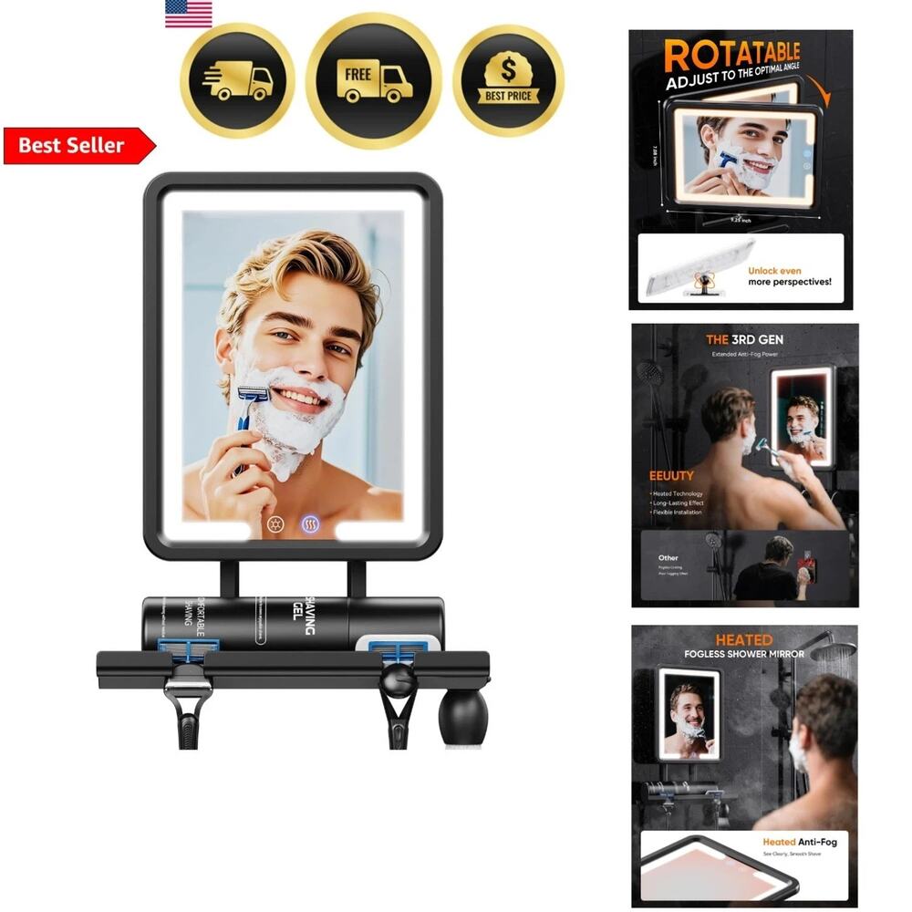 Fogless Shower Mirror Heating Light Shaving Mirror with Razor Holder Large 9.5*8